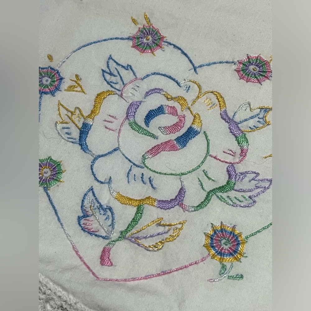 Vintage, embroidered, pillowcase & two handkerchiefs.